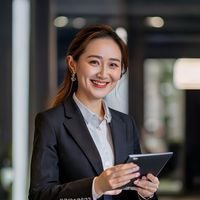 红杏视频内容总监陈雨薇的职业形象照，面带微笑，气质亲和专业，手持平板电脑查看内容数据，体现其对视频内容质量的把控能力