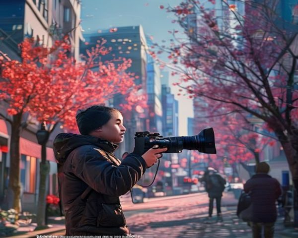 红杏视频品牌形象展示，创作者手持专业摄像设备在户外取景，背景是充满活力的城市街景，画面色彩饱满，传递出品牌对高品质视频内容的追求